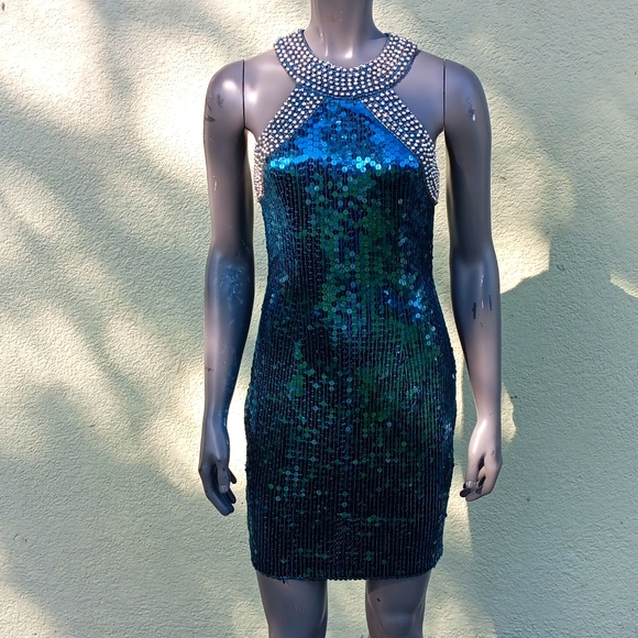NITELINE by DELLA ROUFOGALI VINTAGE BLUE SEQUIN/STUDDED COLLAR COCKTAIL DRESS - Picture 5 of 17
